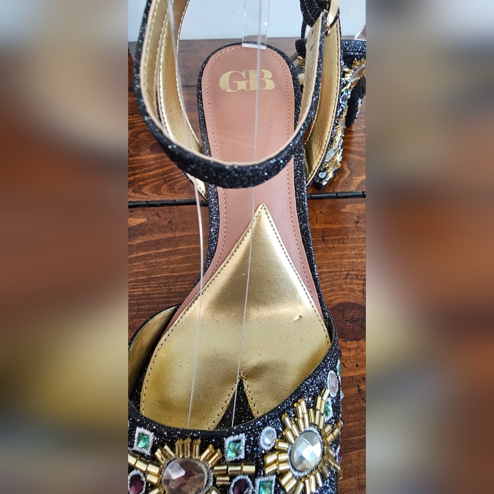 GB Women's Black Glitter Heels w/ Gold Multi Embellishments  Sz 8 & 9M - Picture 6 of 7